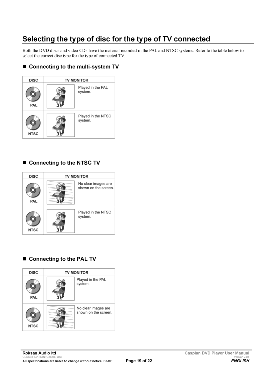 Roksan Audio Caspian user manual Selecting the type of disc for the type of TV connected 