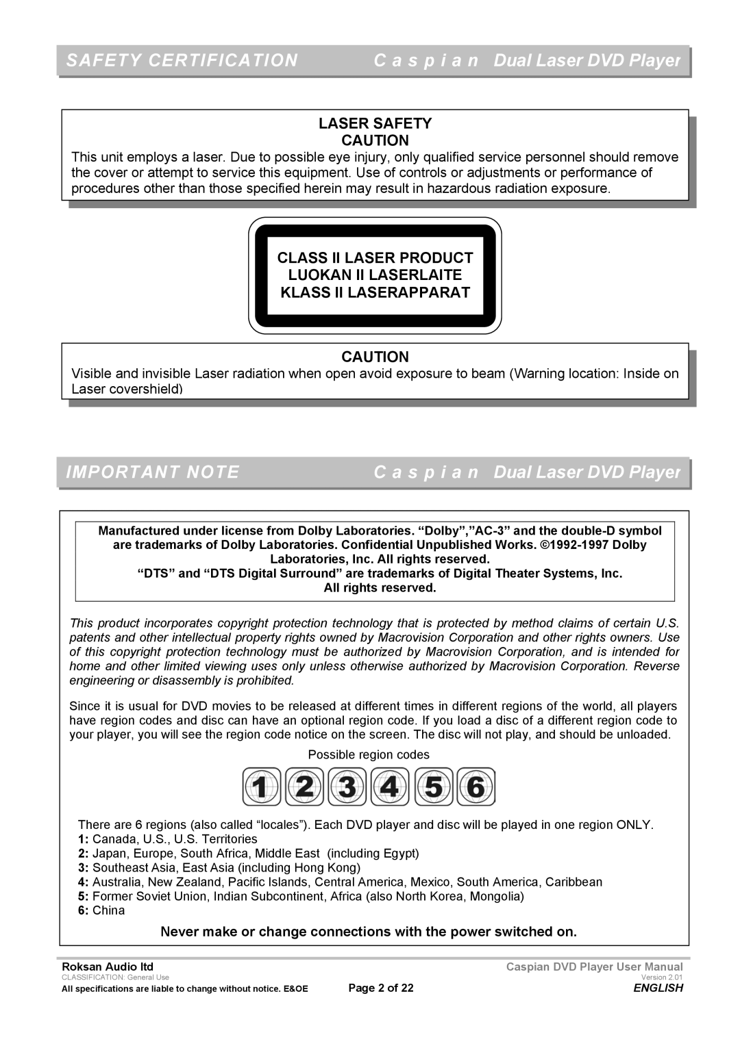 Roksan Audio Caspian user manual Safety Certification, Important Note 