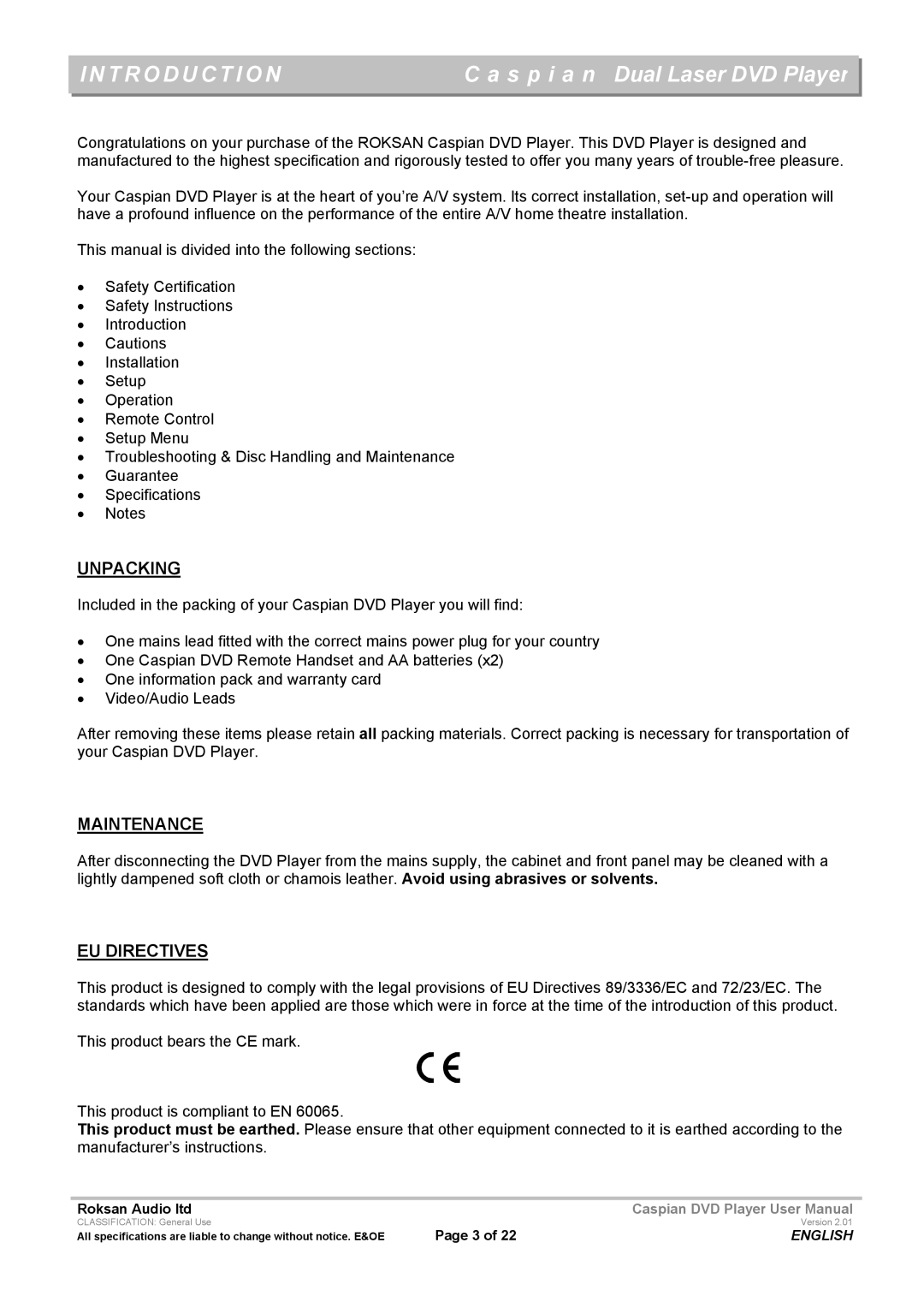 Roksan Audio Caspian user manual Introduction, Unpacking 