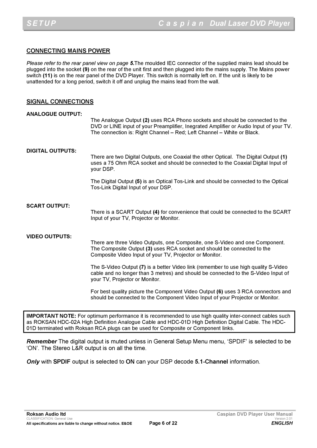 Roksan Audio Caspian user manual Setup, Analogue Output, Digital Outputs, Scart Output, Video Outputs 