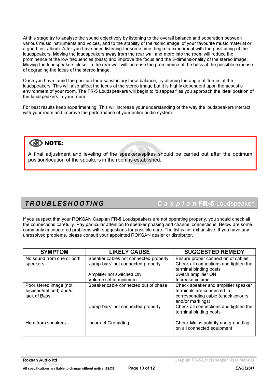 Roksan Audio FR - 5 user manual Troubleshooting, Symptom Likely Cause Suggested Remedy 