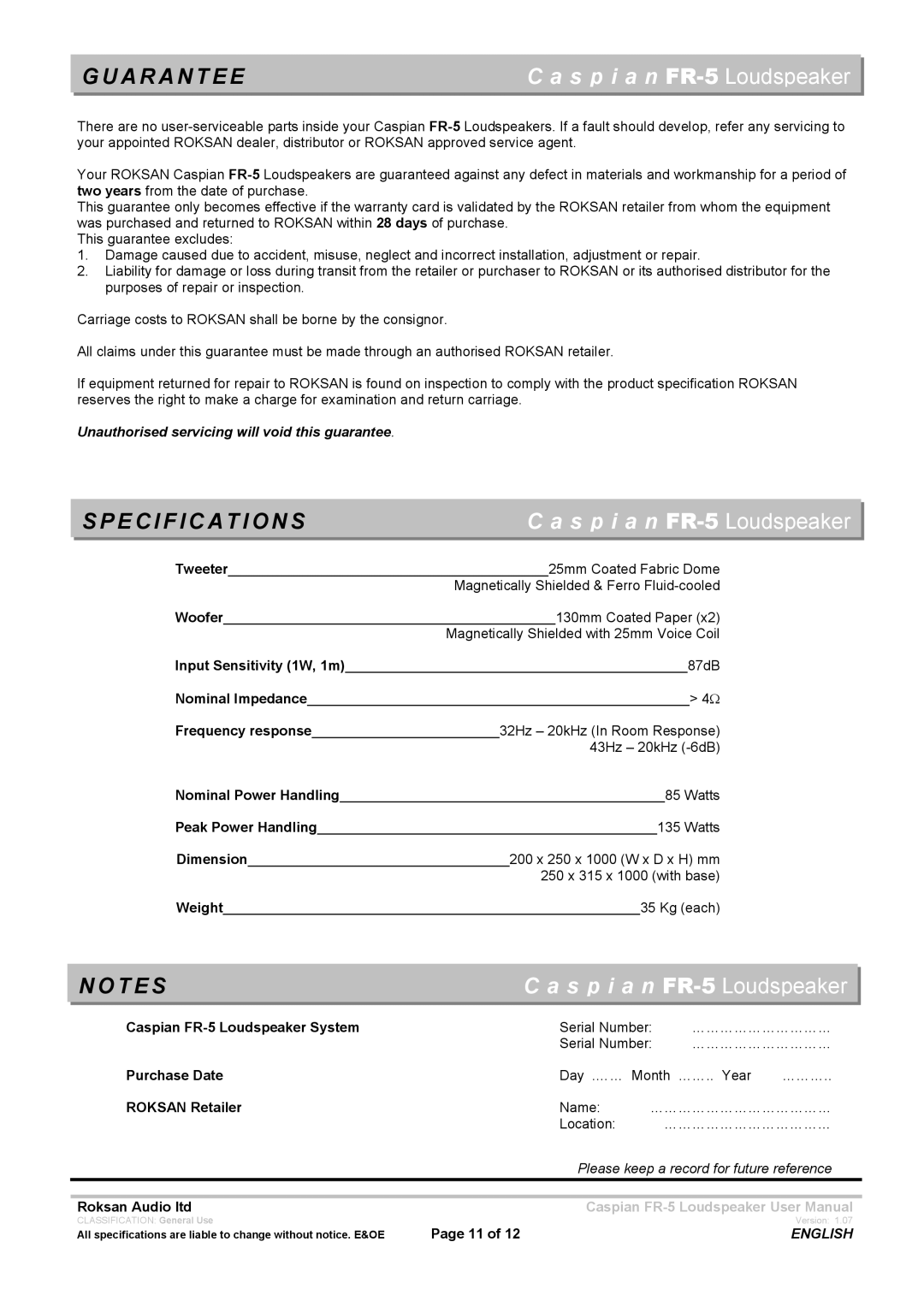 Roksan Audio FR - 5 user manual A R a N T E E, Specifications 