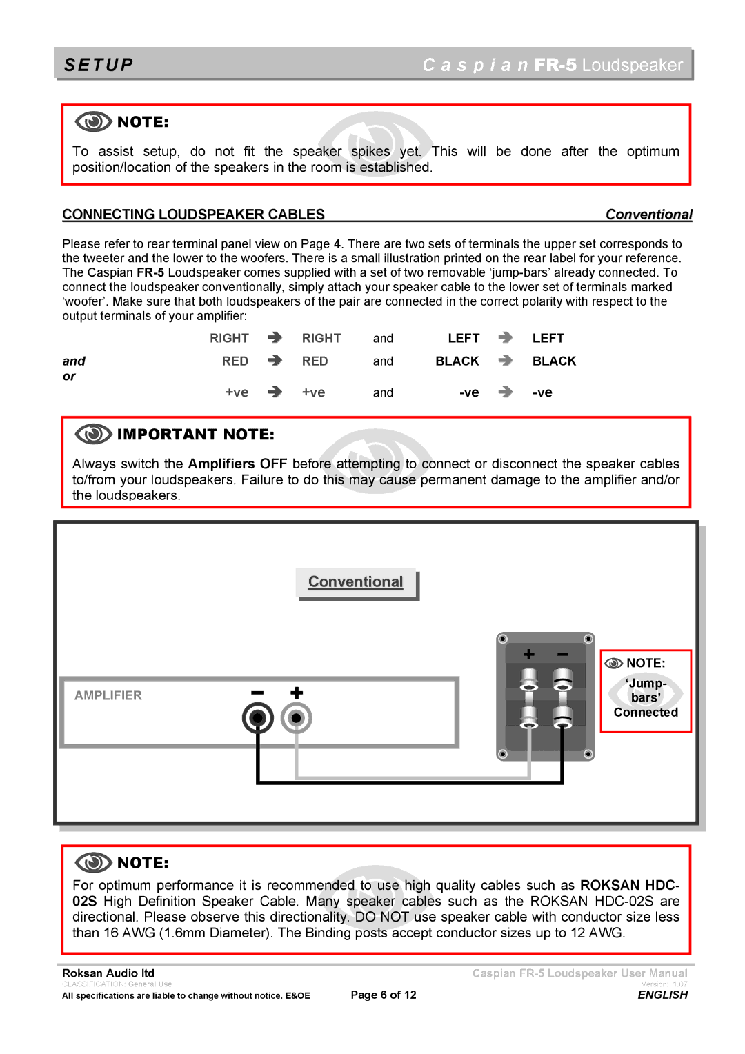 Roksan Audio FR - 5 user manual T U P, Important Note, Connecting Loudspeaker Cables 