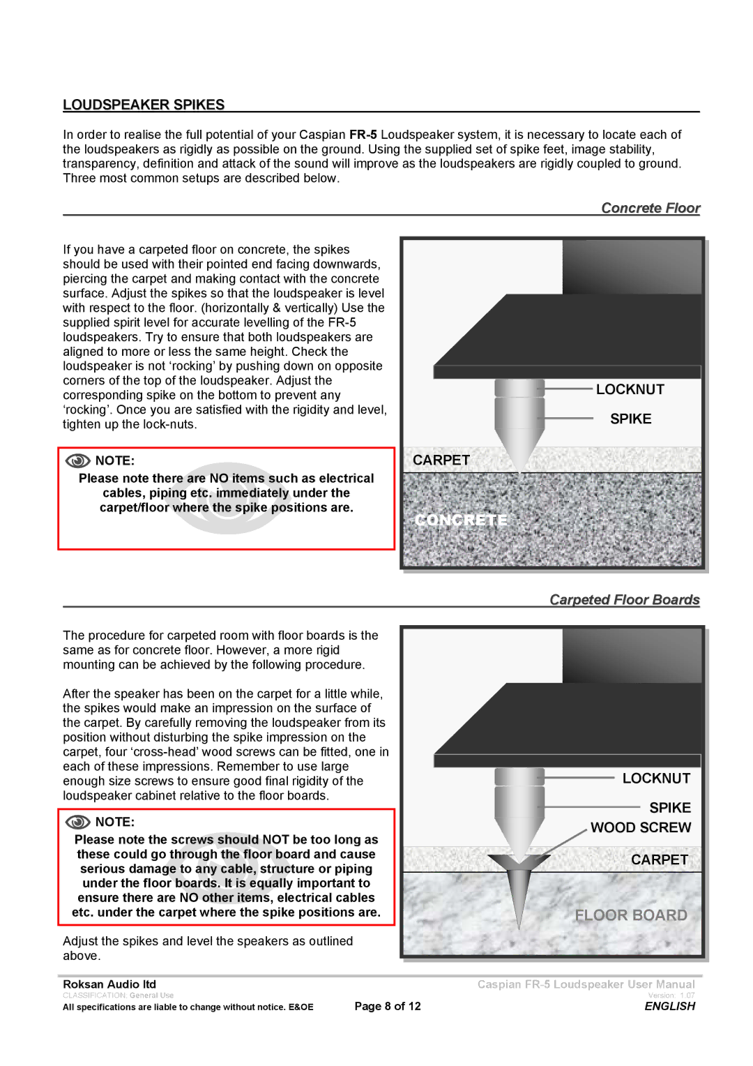 Roksan Audio FR - 5 user manual Loudspeaker Spikes, Carpet, Locknut, Wood Screw 