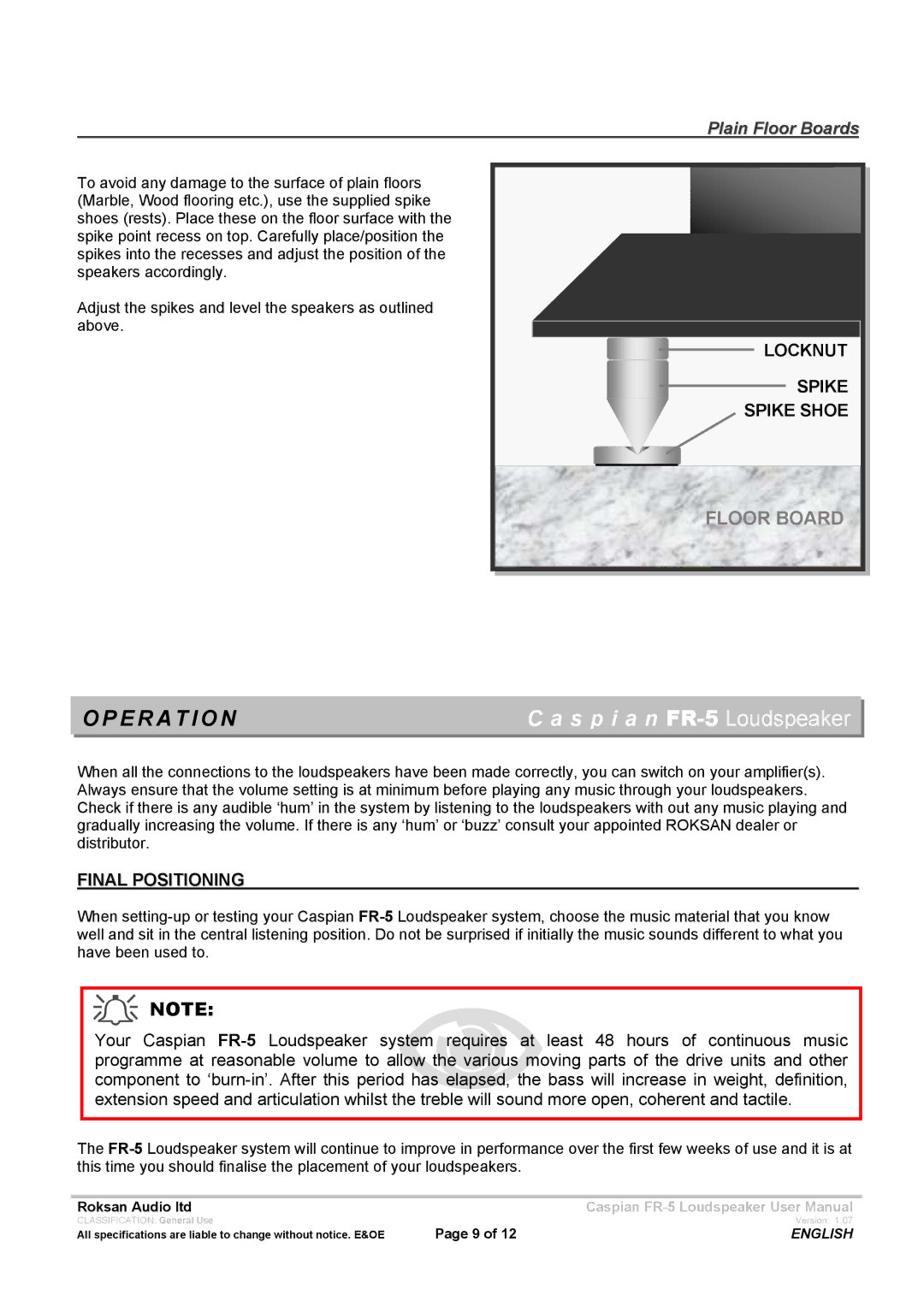 Roksan Audio FR - 5 user manual E R a T I O N,  Note, Spike Shoe, Final Positioning 