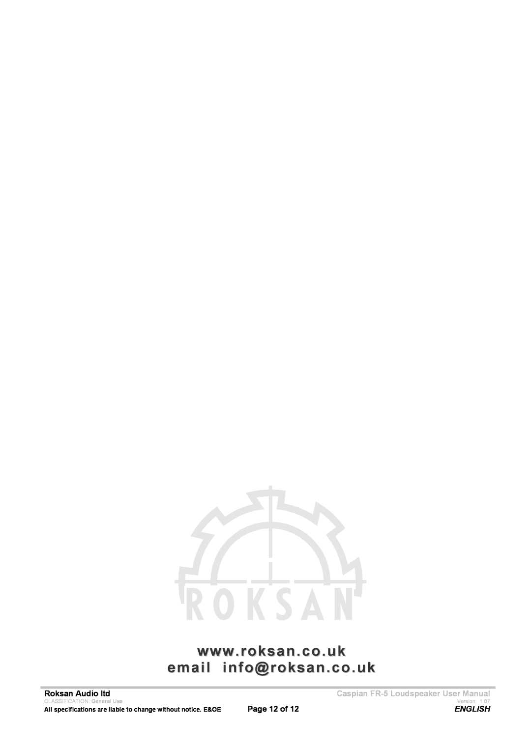 Roksan Audio FR - 5 user manual English, CLASSIFICATION General Use, Version 