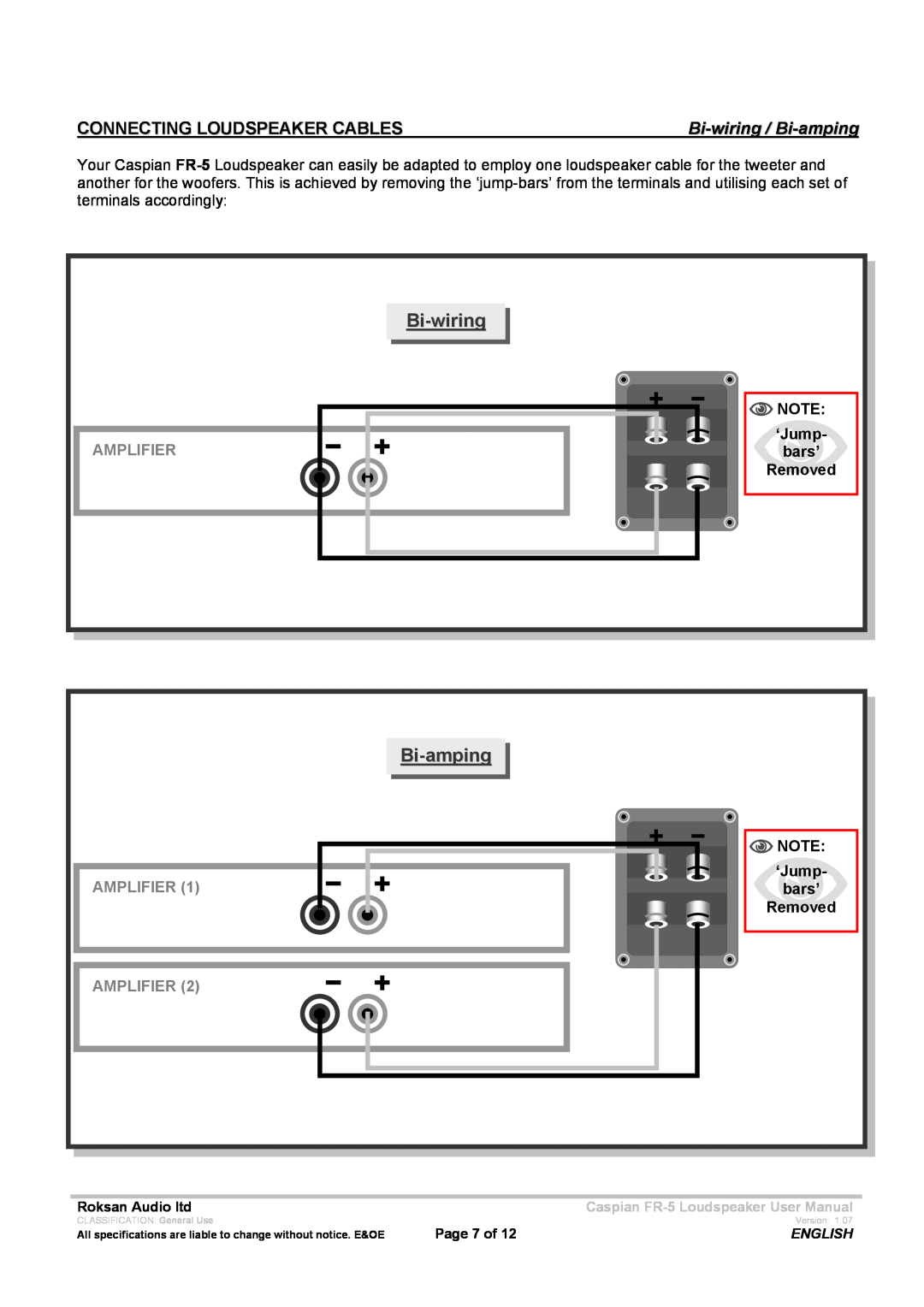Roksan Audio FR - 5 user manual Connecting Loudspeaker Cables, Bi-wiring / Bi-amping, Amplifier 