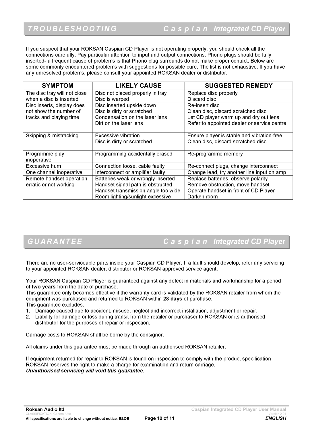 Roksan Audio INTEGRATED CD PLAYER user manual Troubleshooting, Guarantee 