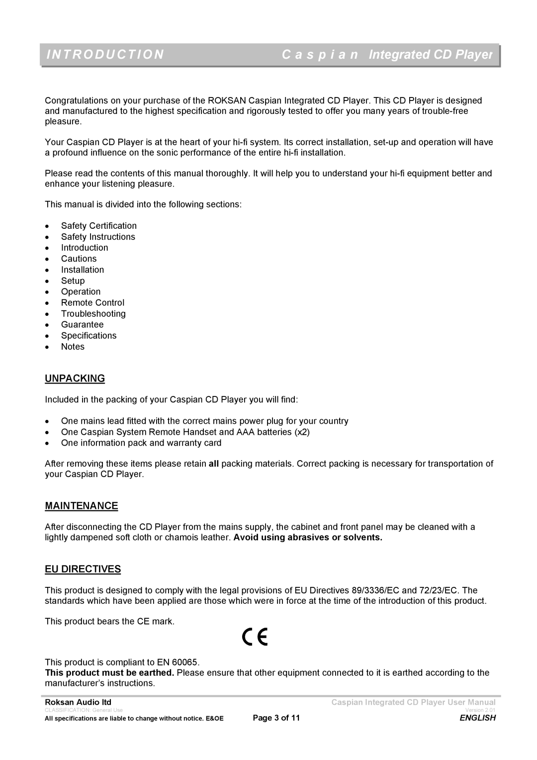 Roksan Audio INTEGRATED CD PLAYER user manual Introduction, Unpacking, Maintenance, EU Directives 