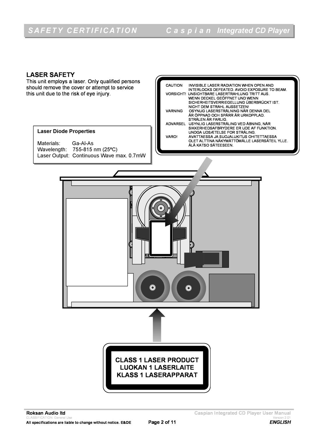 Roksan Audio INTEGRATED CD PLAYER Safety Certification, C a s p i a n Integrated CD Player, Laser Safety, Page 2 of 