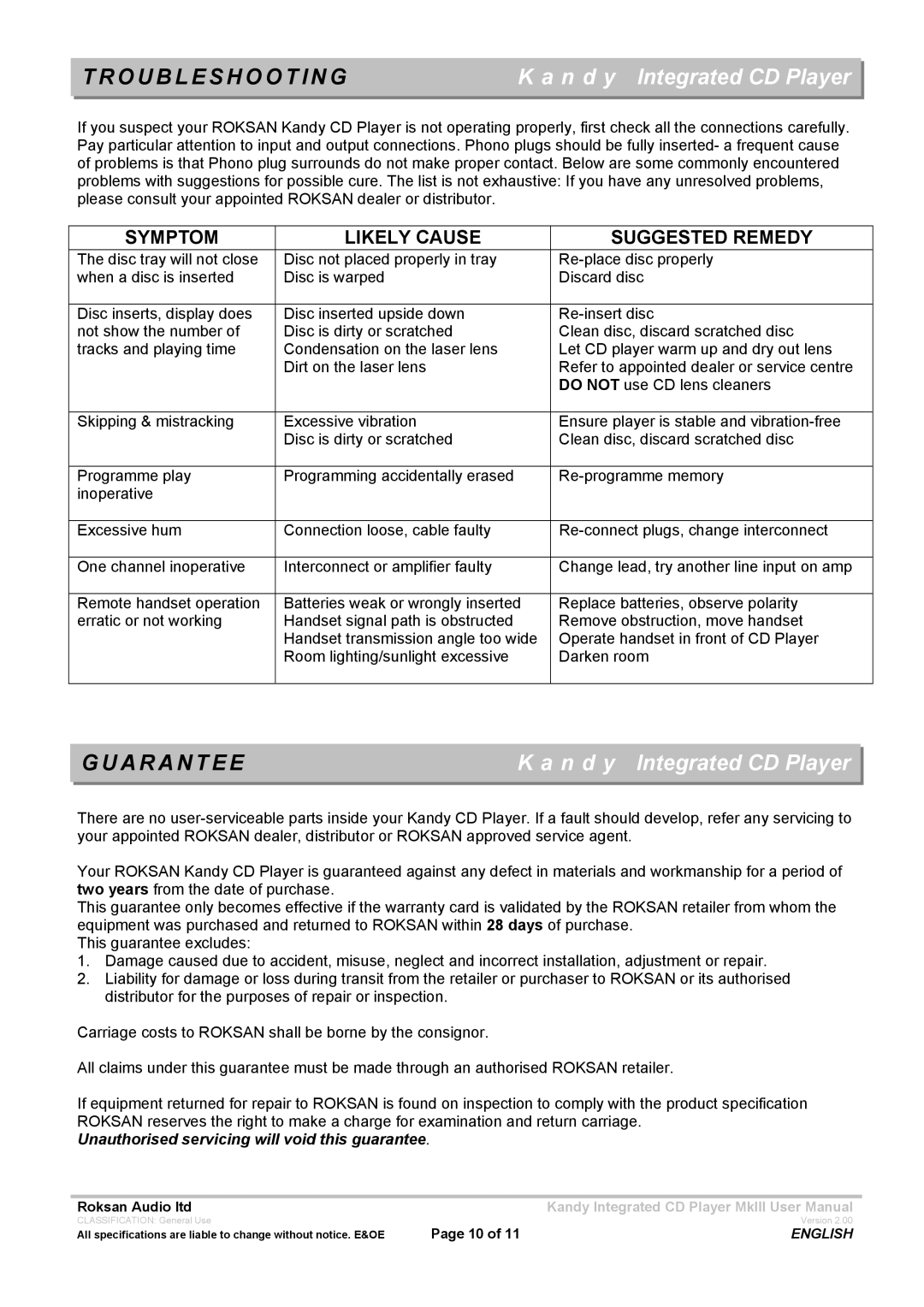 Roksan Audio Kandy MkIII user manual Troubleshooting, Guarantee 