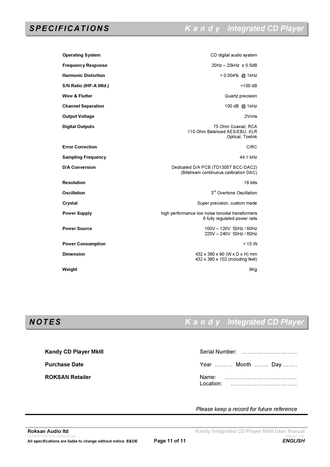 Roksan Audio Kandy MkIII user manual Specification S, Kandy CD Player MkIII, Purchase Date, Roksan Retailer 