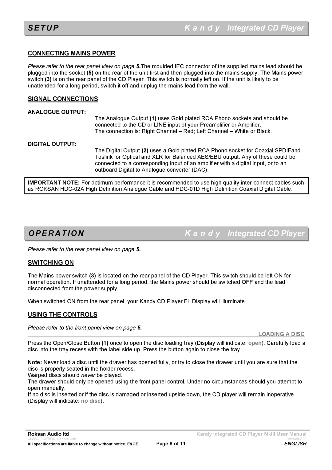 Roksan Audio Kandy MkIII user manual T U P, Operation 