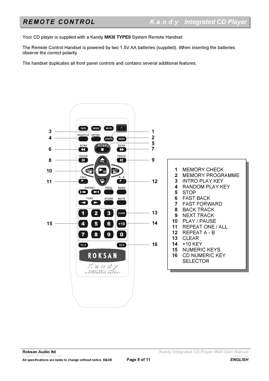 Roksan Audio Kandy MkIII user manual Remote Control, Numeric Keys CD Numeric KEY Selector 