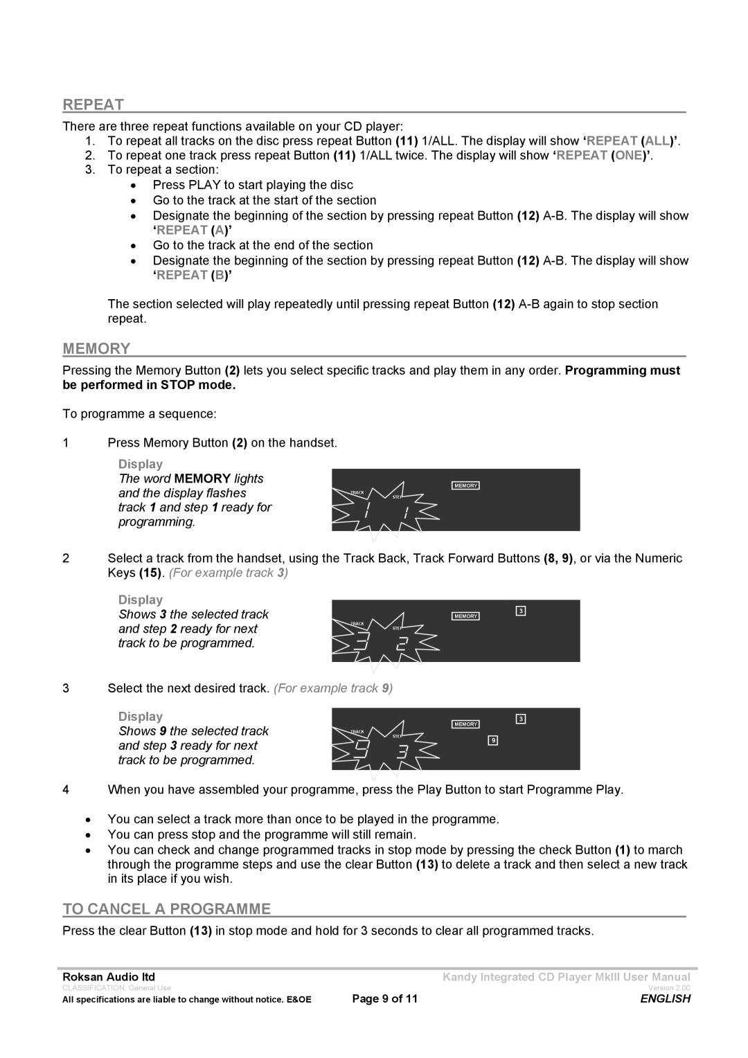 Roksan Audio Kandy MkIII user manual ‘Repeat A’, ‘Repeat B’ 