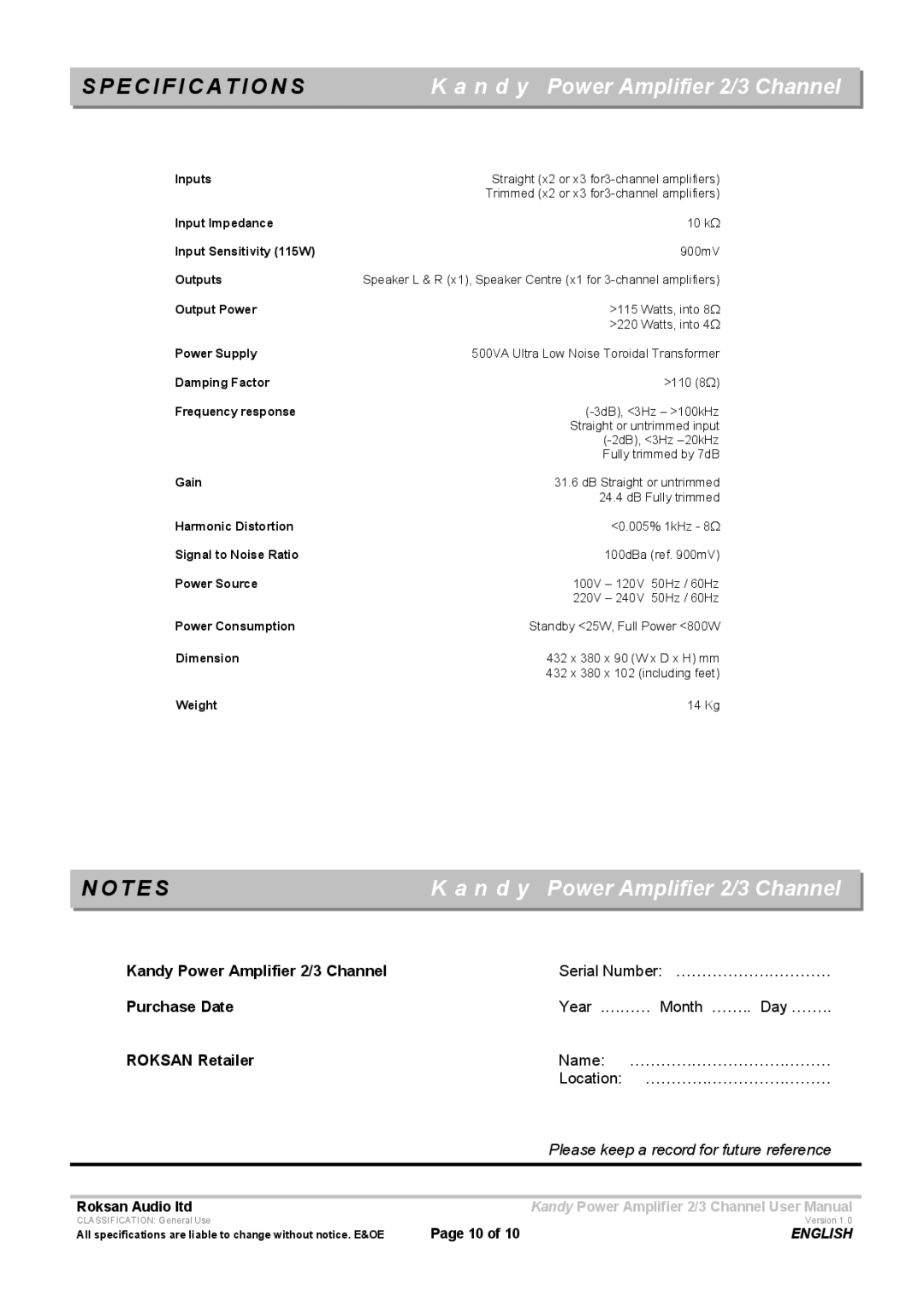 Roksan Audio KMA-2/3 user manual Specifications, T E S, Kandy Power Amplifier 2/3 Channel, Purchase Date, Roksan Retailer 