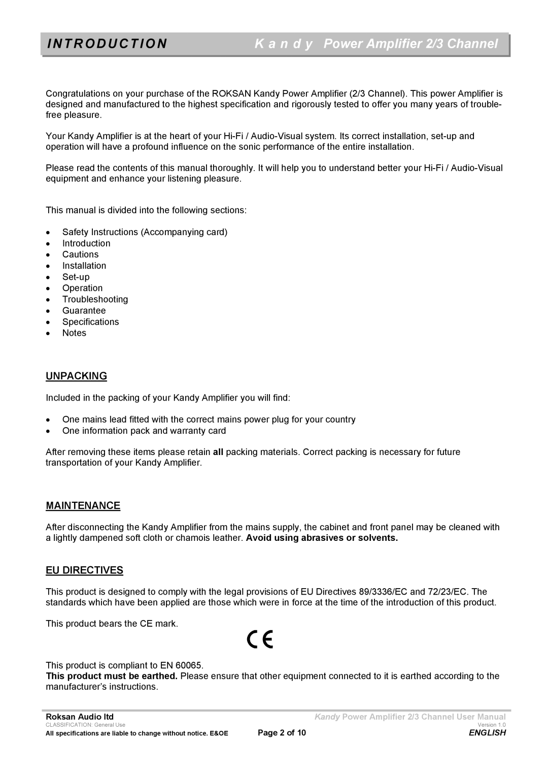 Roksan Audio KMA-2/3 user manual T R O D U C T I O N, Unpacking, Maintenance, EU Directives 