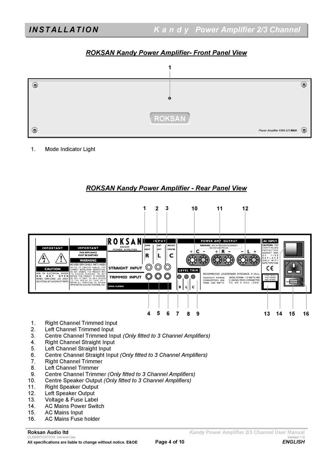 Roksan Audio KMA-2/3 user manual Installation, Roksan 