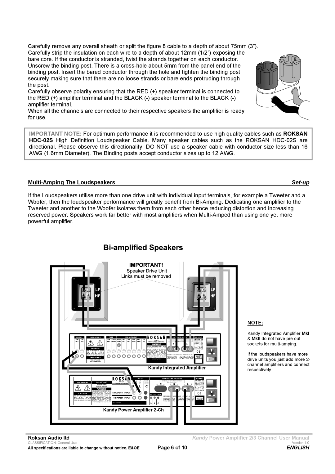 Roksan Audio KMA-2/3 user manual Multi-Amping The Loudspeakers, Set-up 