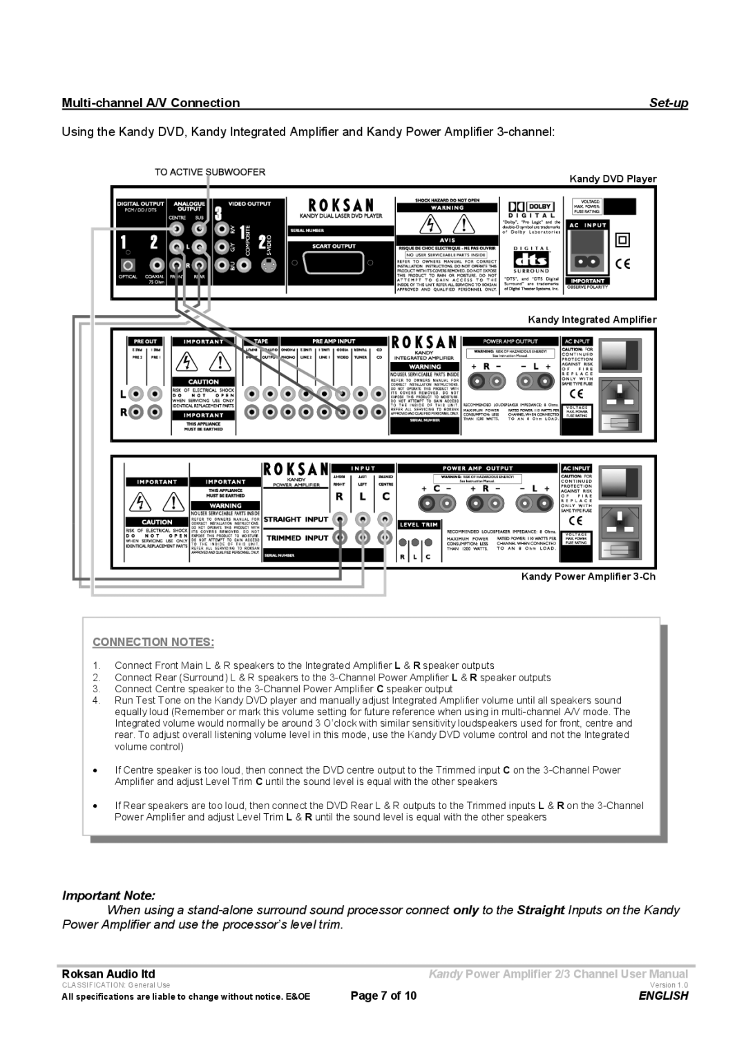 Roksan Audio KMA-2/3 user manual Multi-channel A/V Connection, Important Note 