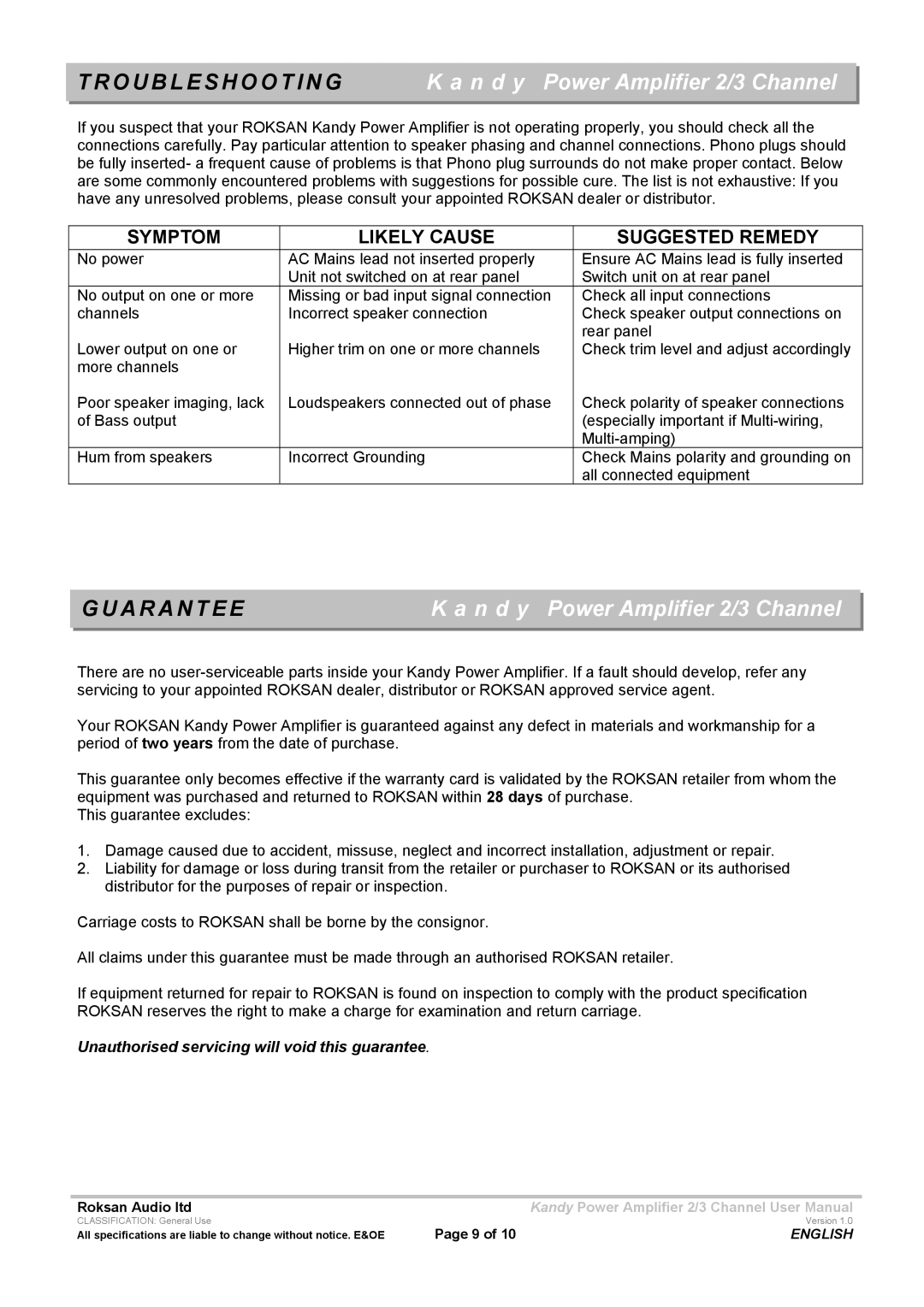 Roksan Audio KMA-2/3 user manual Troubleshooting, Guarantee, Unauthorised servicing will void this guarantee 