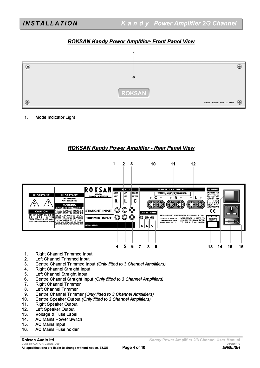 Roksan Audio KMA-2/3 user manual I N S T A L L A T I O N, K a n d y Power Amplifier 2/3 Channel, Roksan 