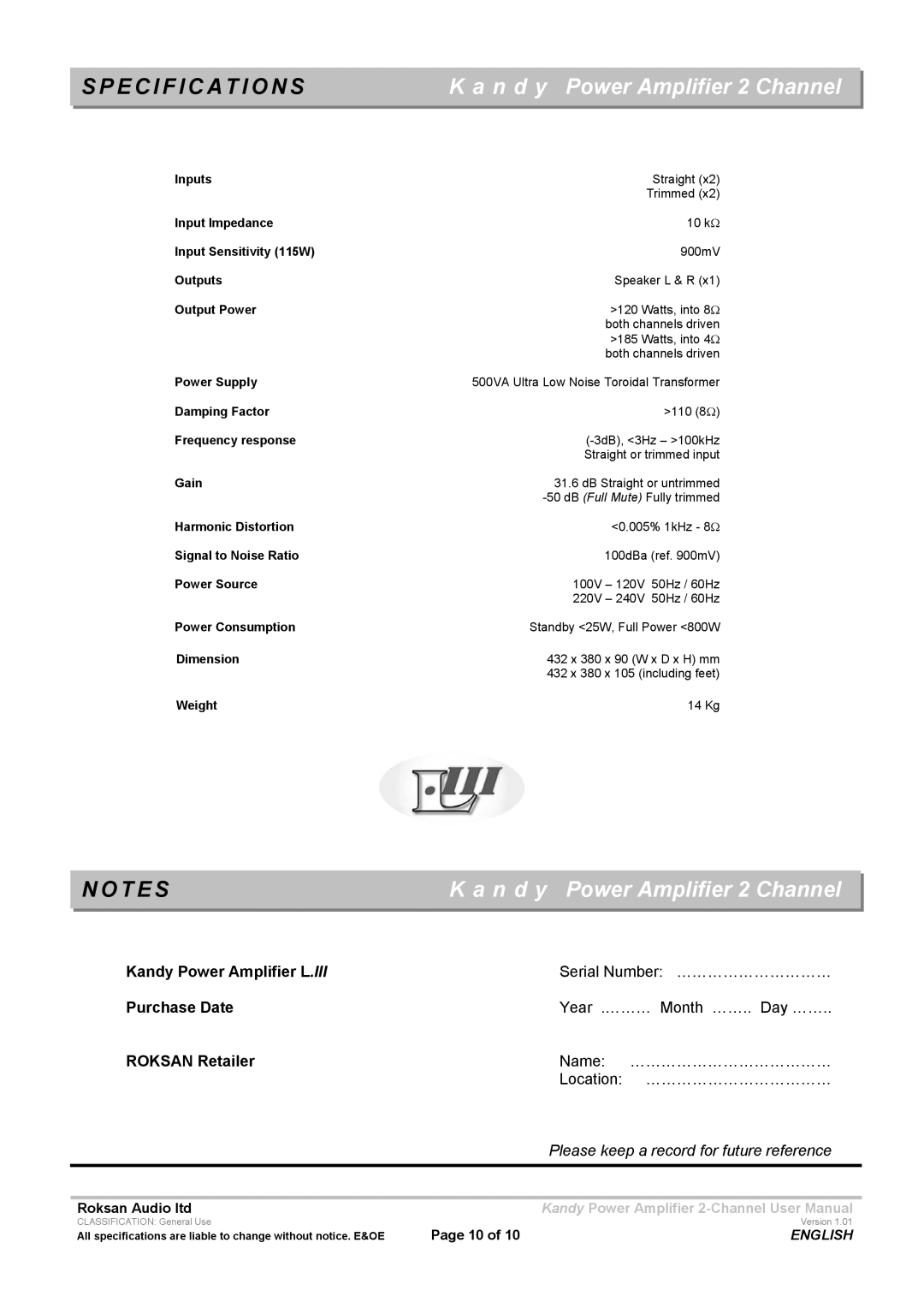 Roksan Audio L III user manual Specifications, T E S 