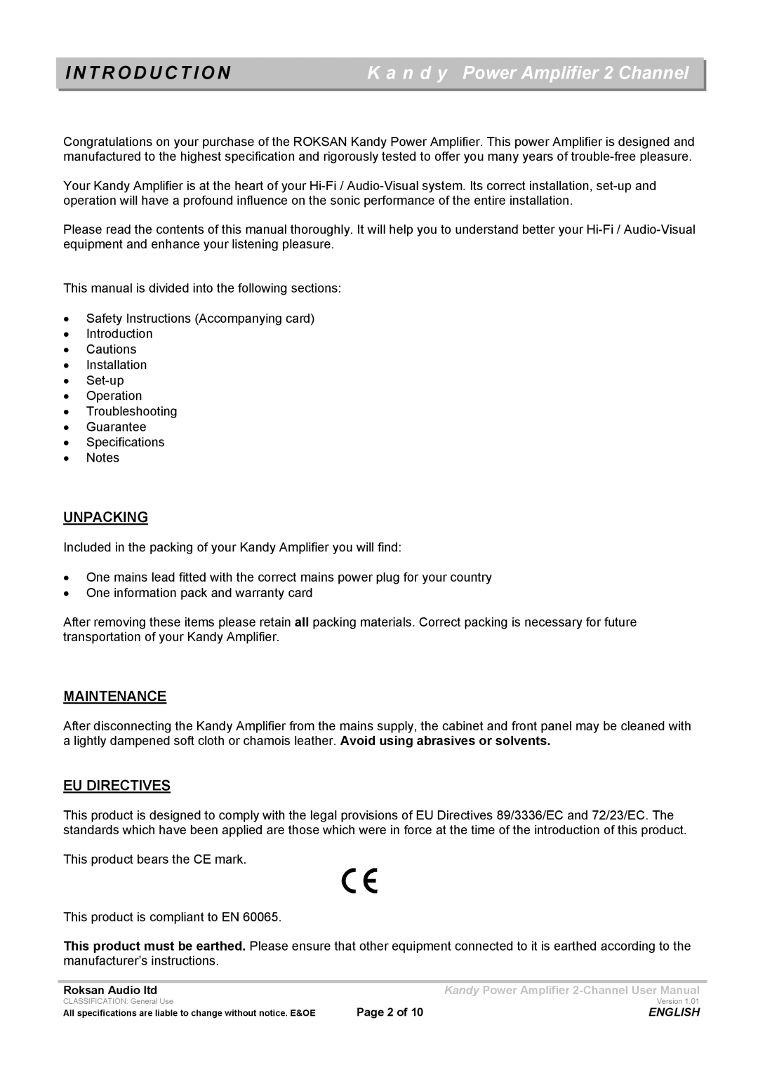 Roksan Audio L III user manual T R O D U C T I O N, Unpacking, Maintenance, EU Directives 