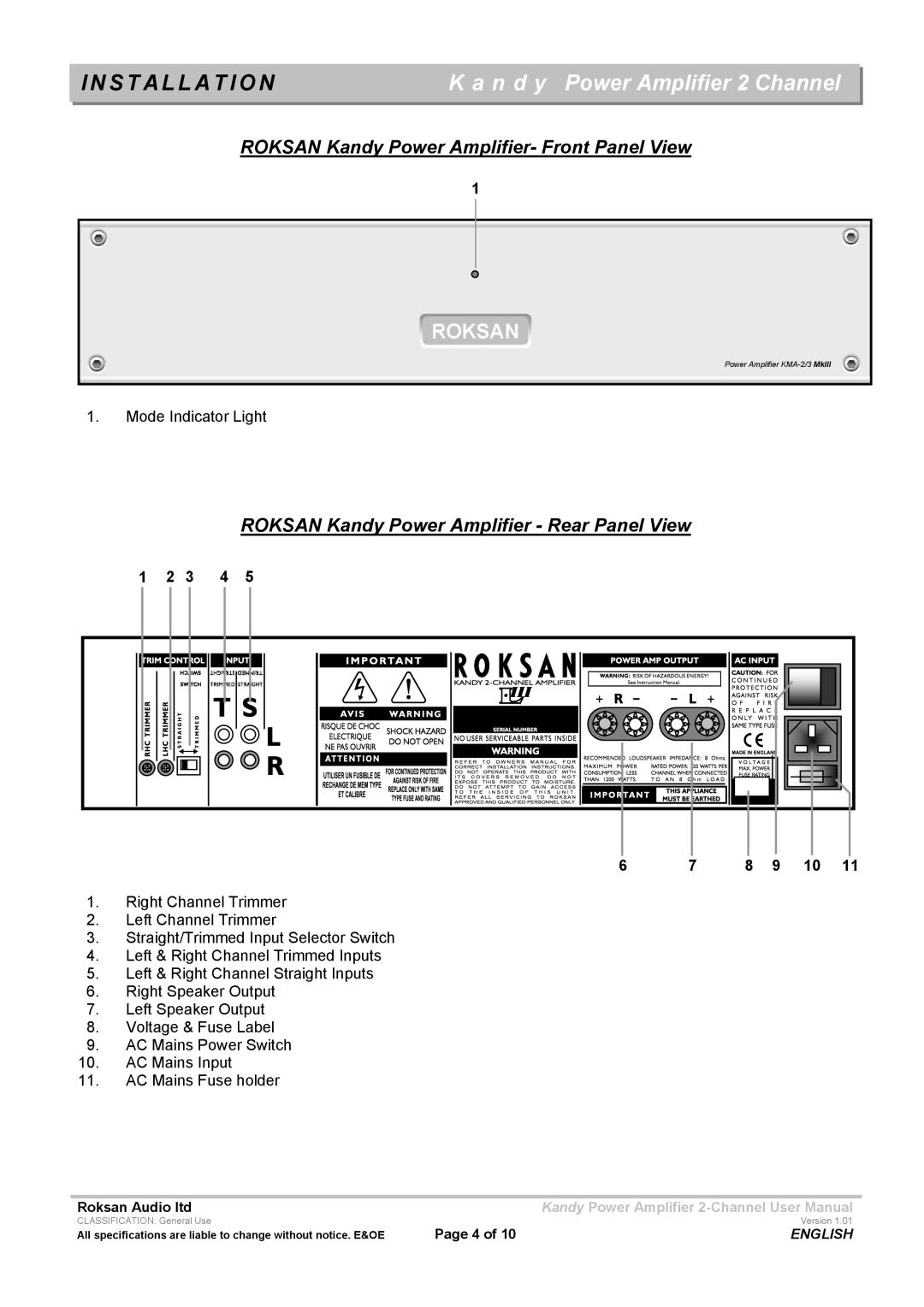 Roksan Audio L III user manual Installation, Roksan 