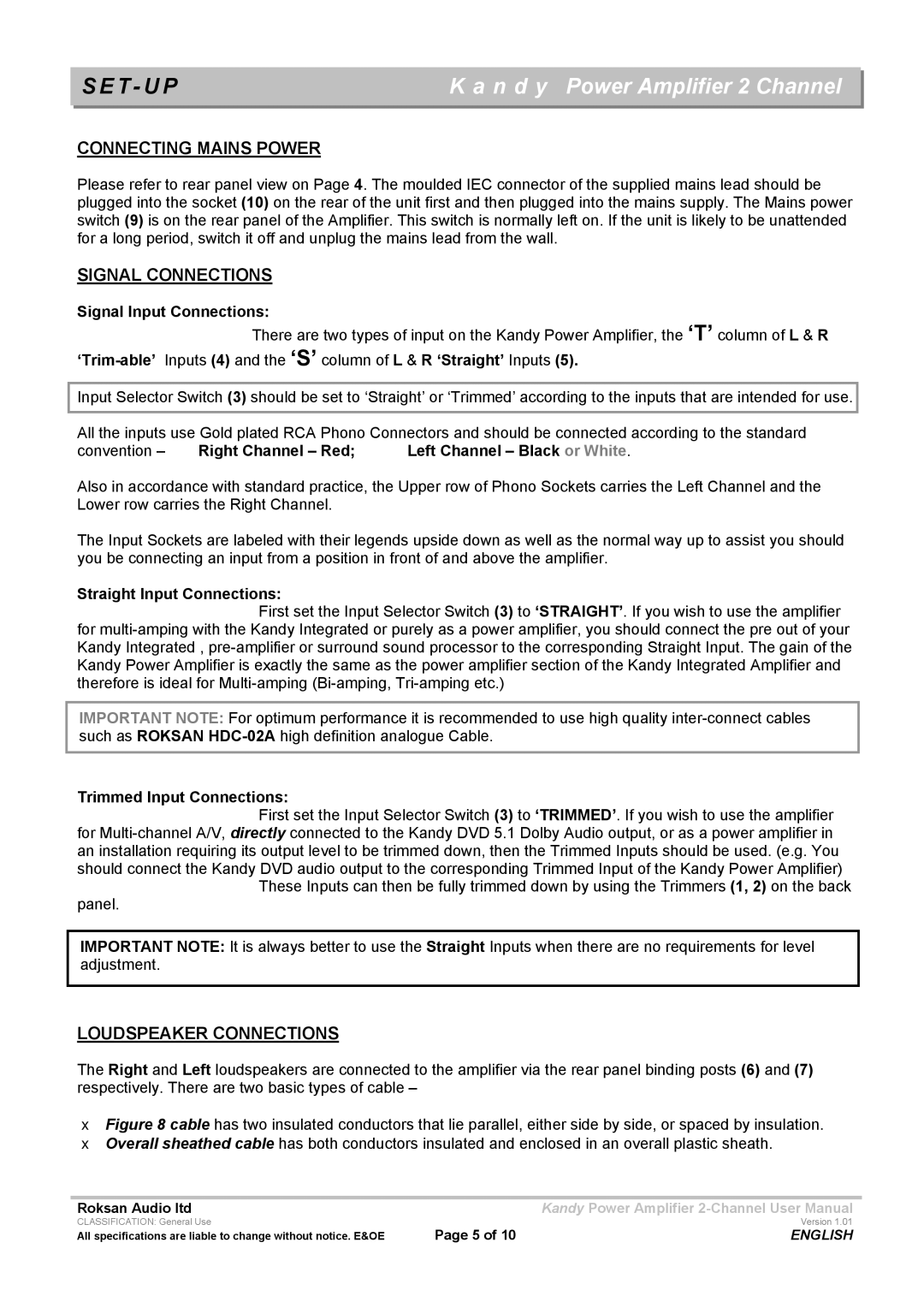 Roksan Audio L III user manual Connecting Mains Power, Signal Connections, Loudspeaker Connections 