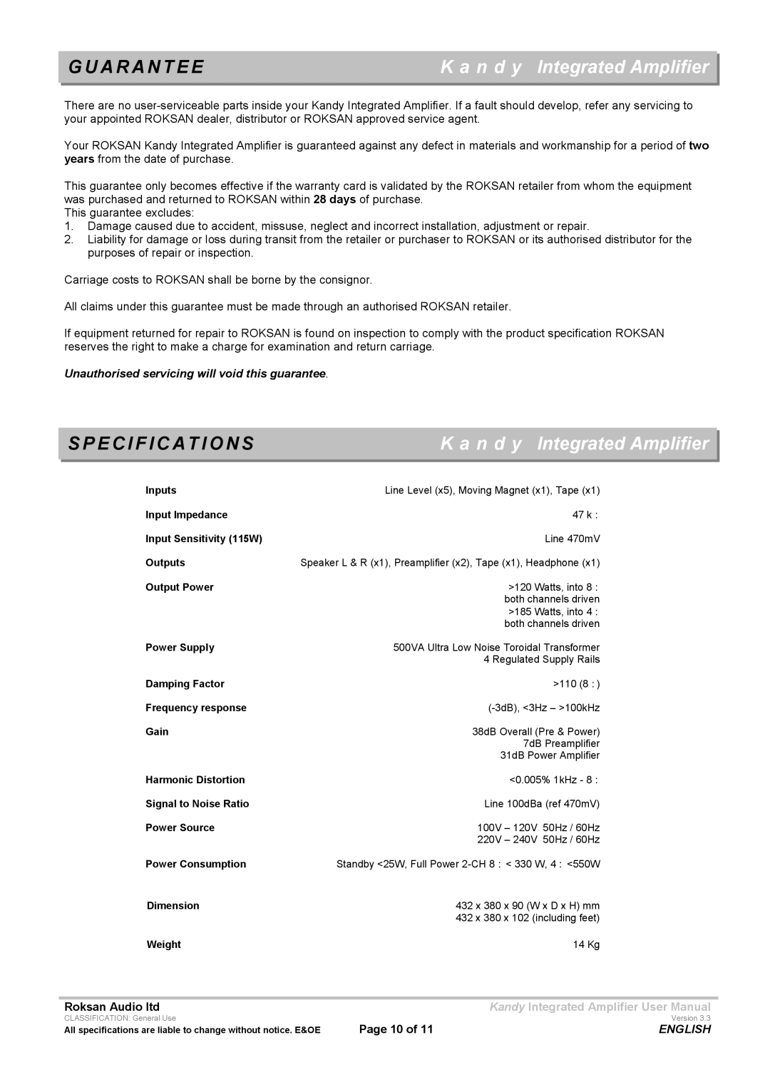 Roksan Audio LIII user manual A R a N T E E, Specifications 