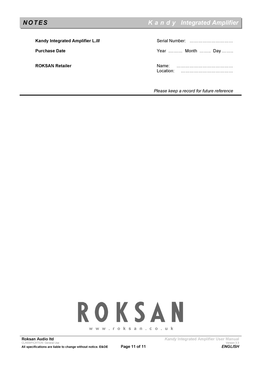 Roksan Audio LIII user manual T E S, W . r o k s a n . c o . u k 