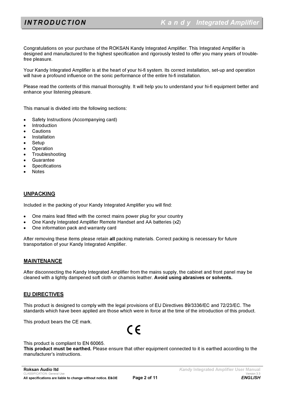 Roksan Audio LIII user manual T R O D U C T I O N, Unpacking, Maintenance, EU Directives 