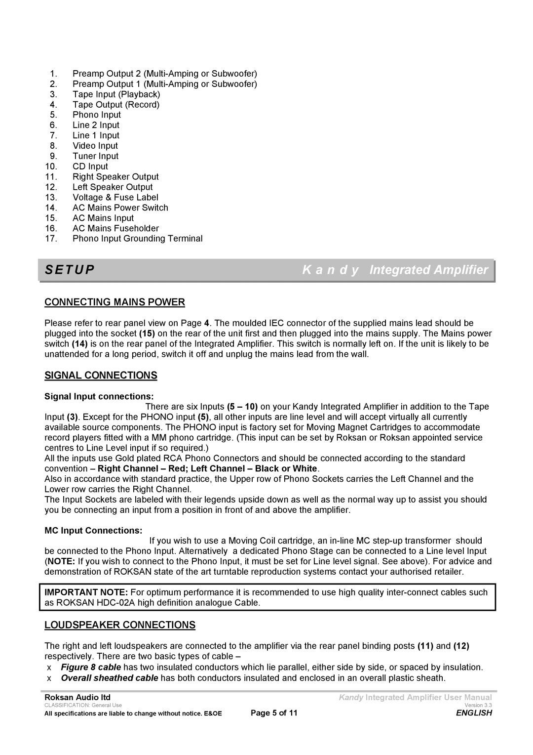 Roksan Audio LIII user manual T U P, Connecting Mains Power, Signal Connections, Loudspeaker Connections 