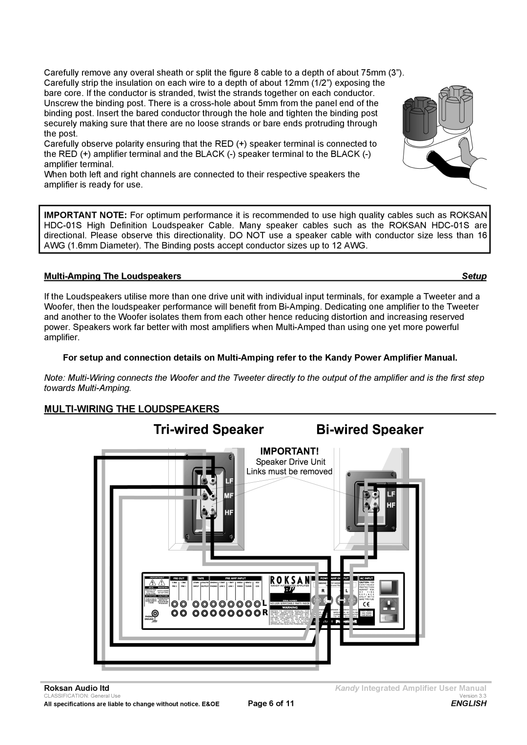 Roksan Audio LIII user manual MULTI-WIRING the Loudspeakers, Setup 