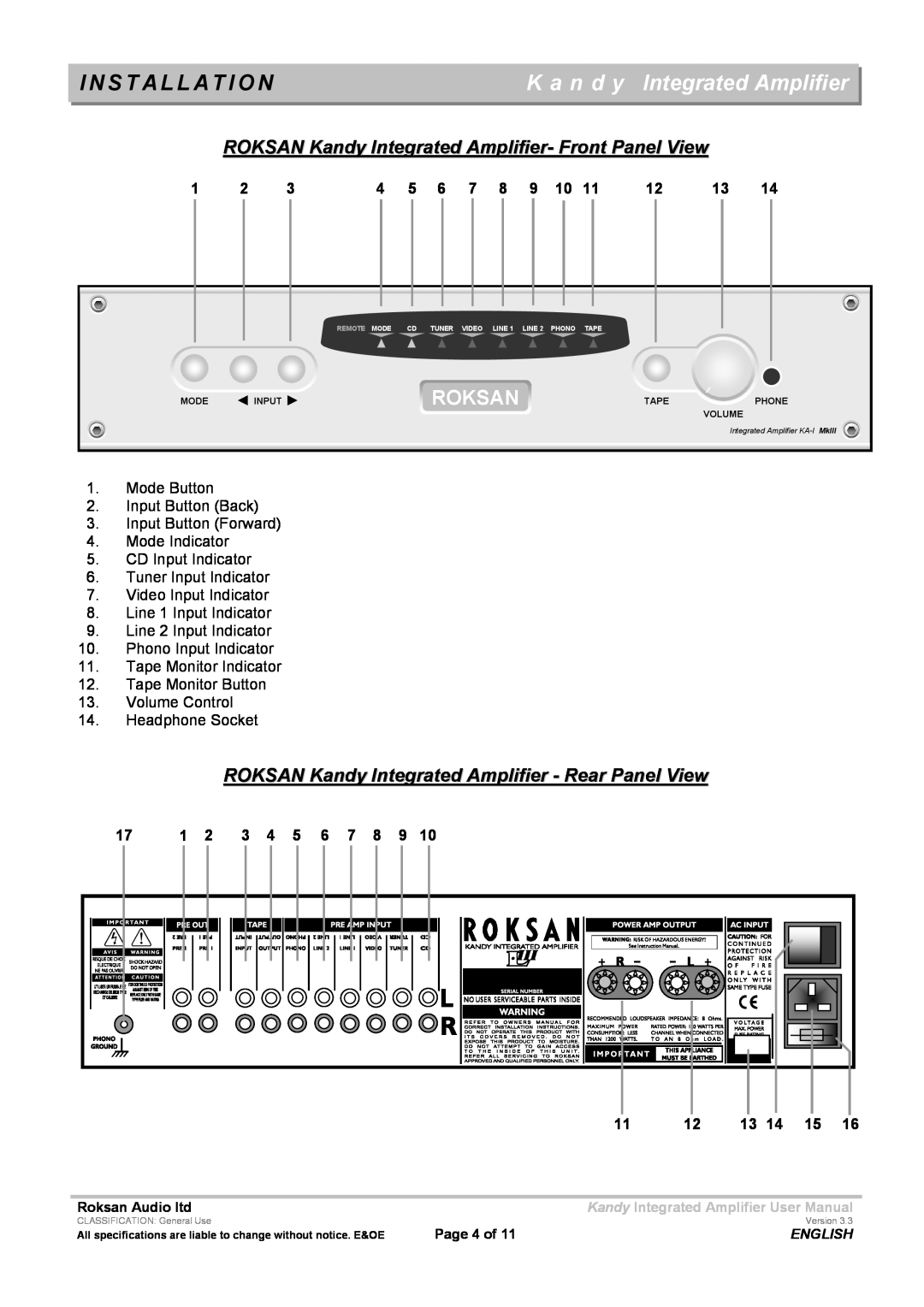 Roksan Audio LIII user manual K a n d y Integrated Amplifier, Roksan 