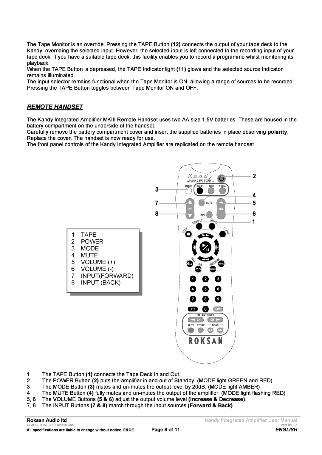 Roksan Audio LIII user manual Remote Handset, TAPE 2 POWER 3 MODE 4 MUTE 5 VOLUME + 6 VOLUME, INPUTFORWARD 8 INPUT BACK 