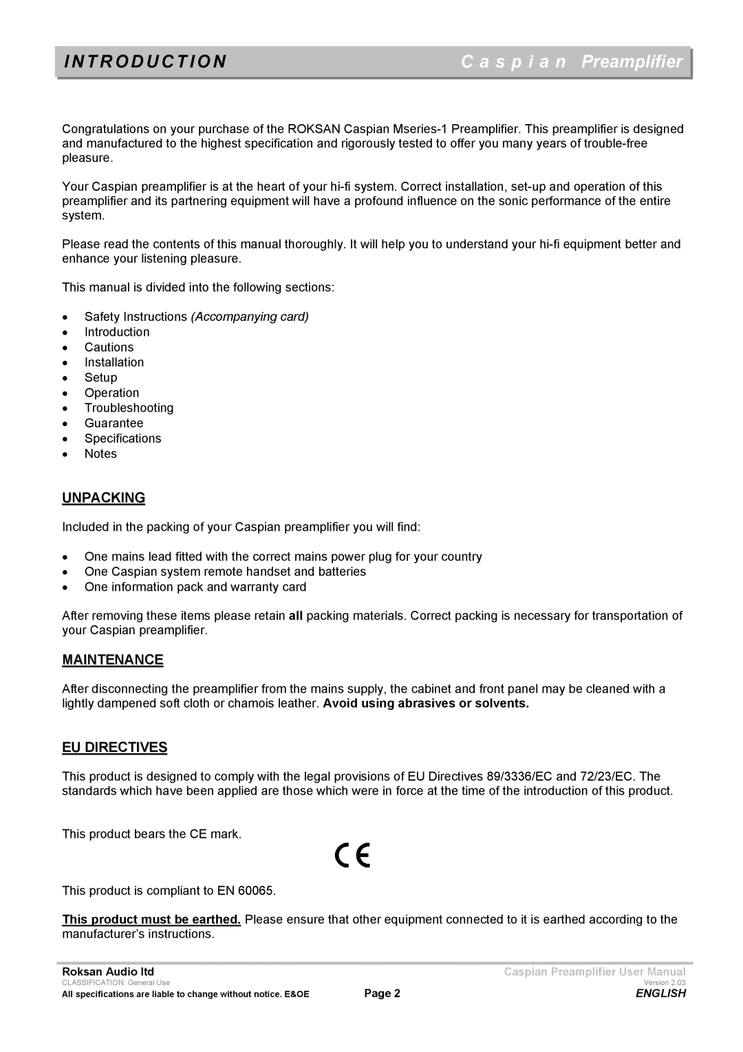 Roksan Audio M series --1 user manual T R O D U C T I O N, Unpacking, Maintenance, EU Directives 