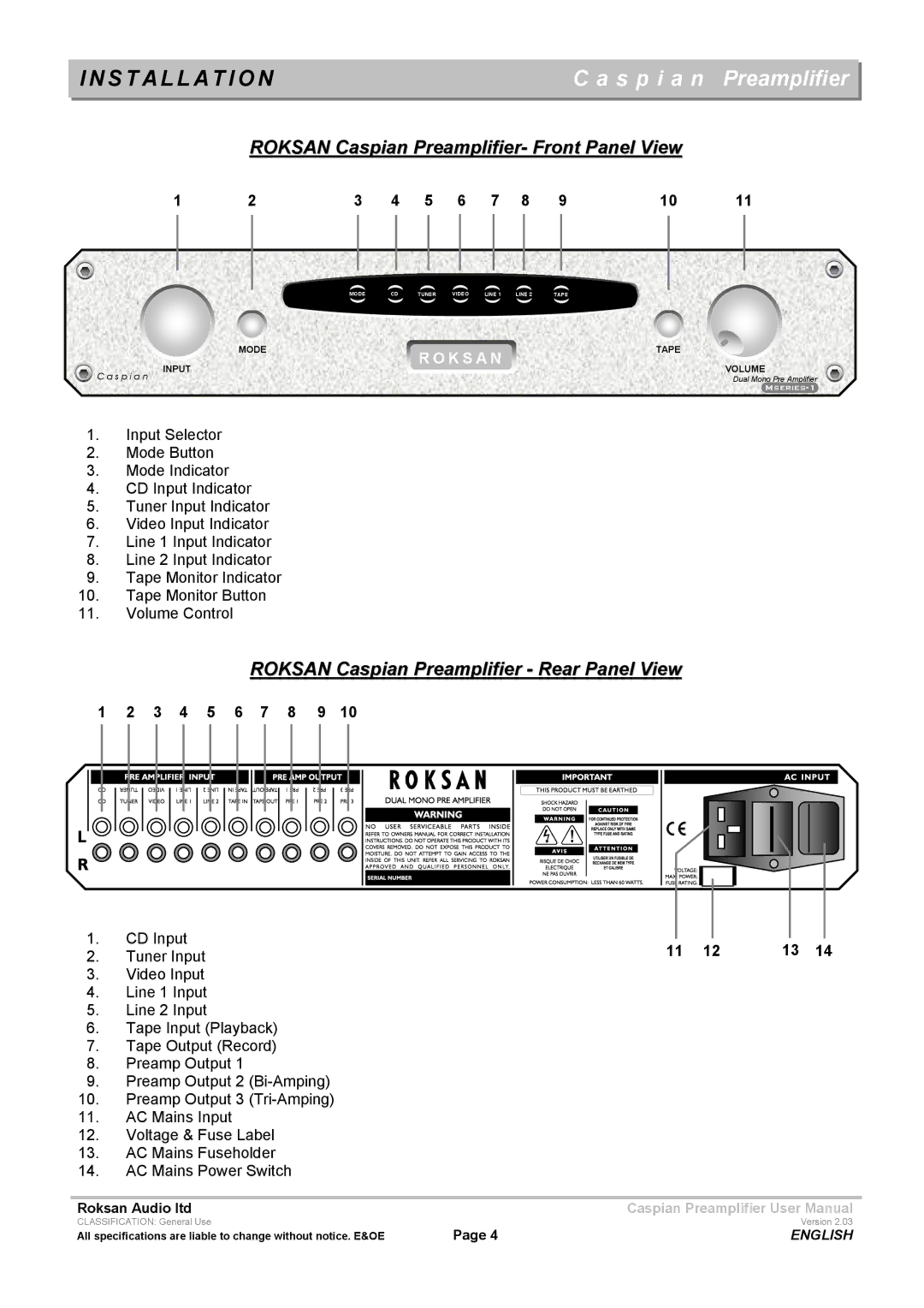 Roksan Audio M series --1 user manual Installation, 3 4 5 6 7 8 9 