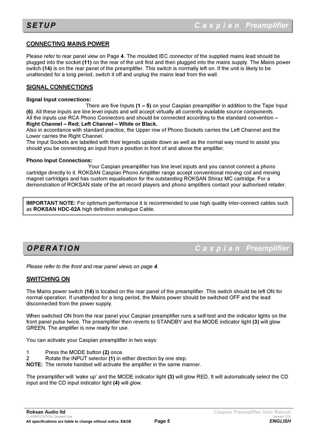 Roksan Audio M series --1 user manual T U P, Operation, Connecting Mains Power, Signal Connections, Switching on 