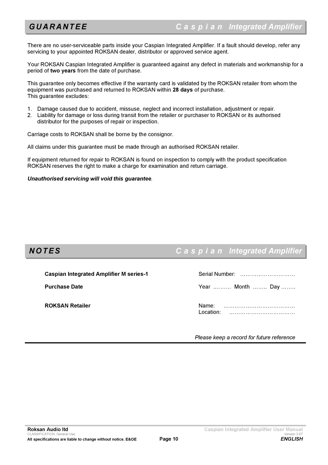 Roksan Audio M series -1 user manual A R a N T E E, Please keep a record for future reference 