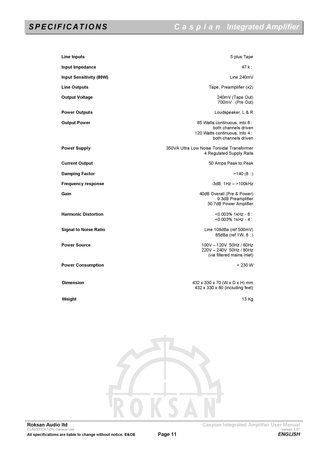 Roksan Audio M series -1 user manual Specification S, Output Power 