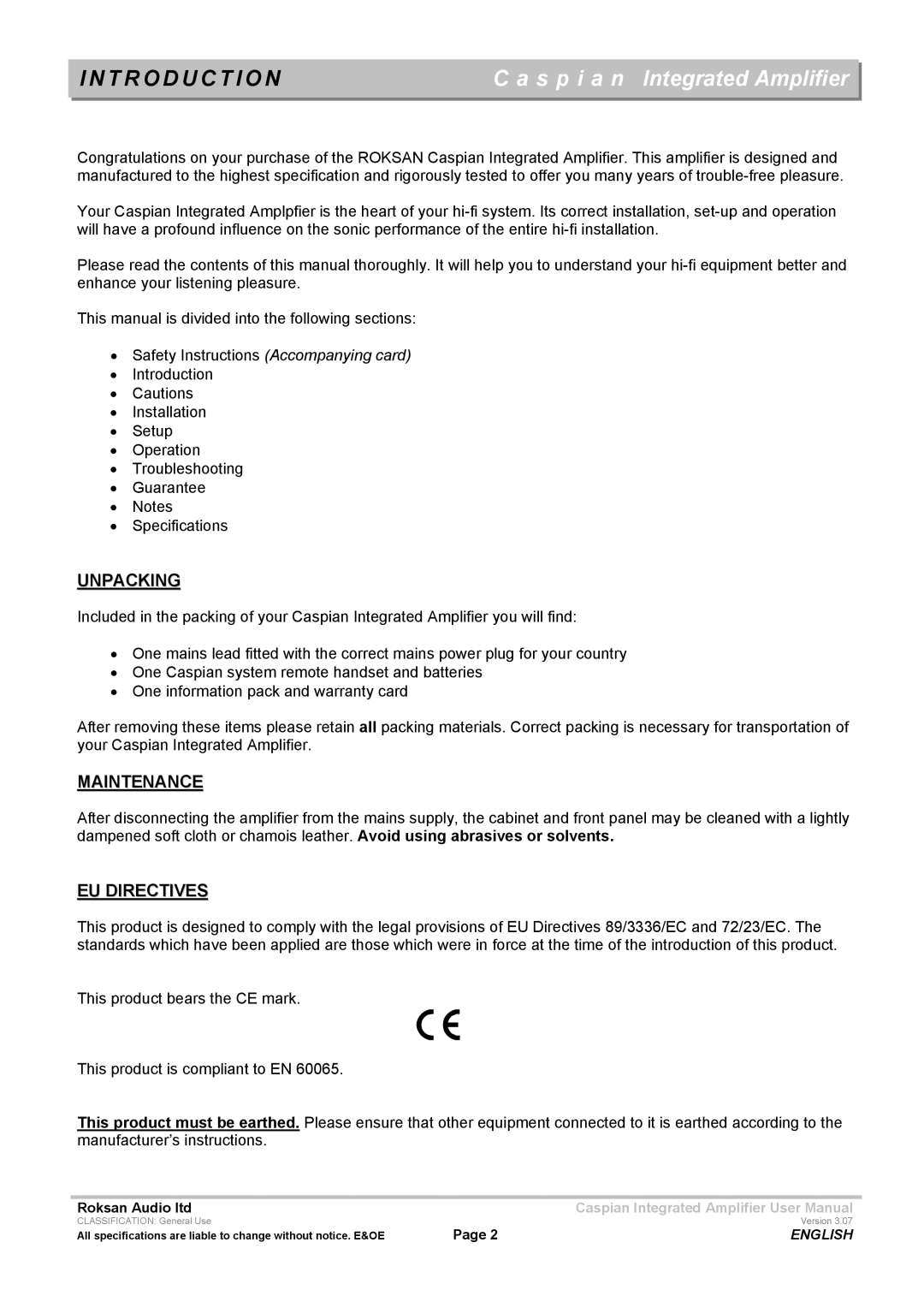 Roksan Audio M series -1 user manual T R O D U C T I O N, Unpacking, Maintenance, EU Directives 