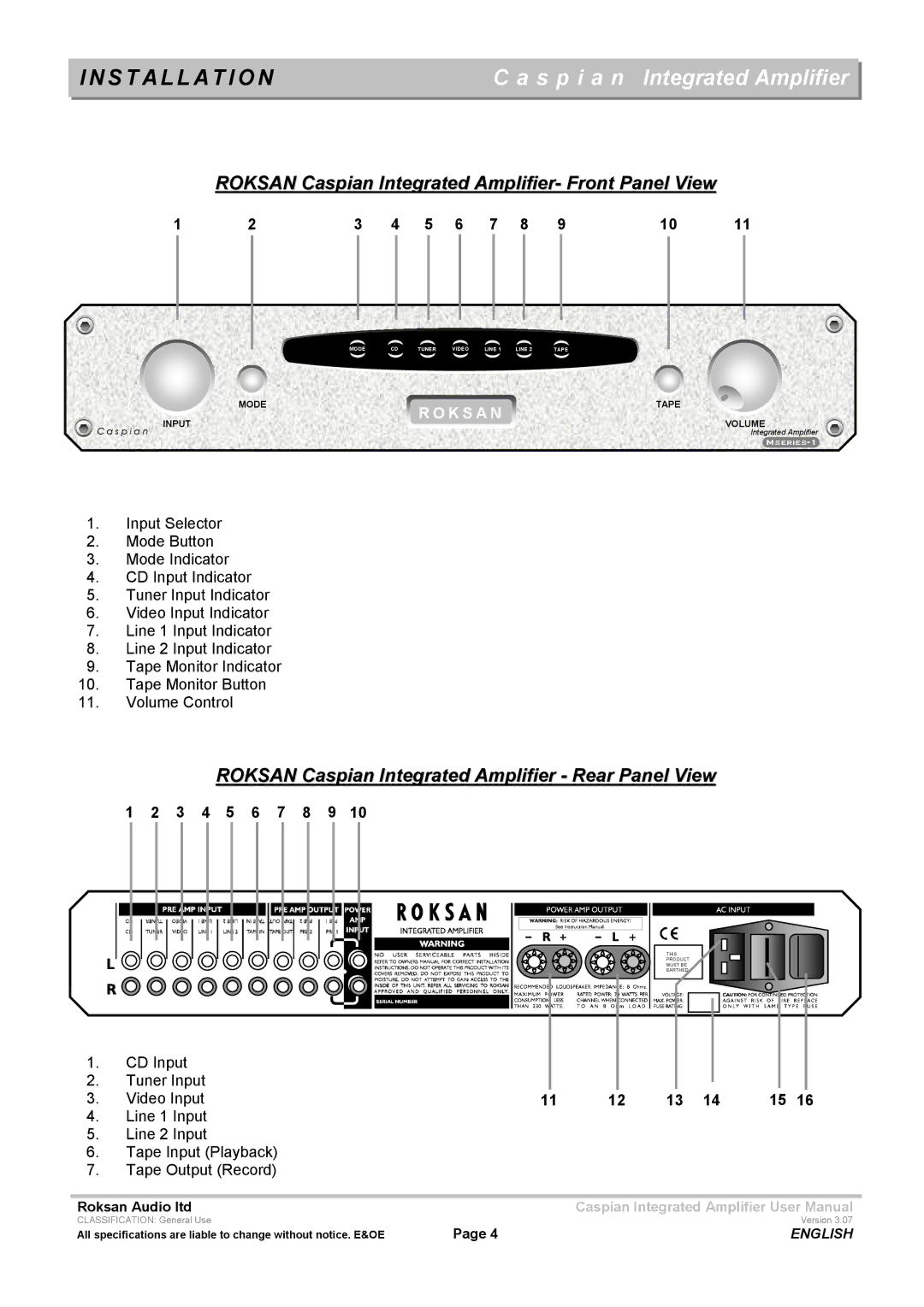 Roksan Audio M series -1 user manual Installation, 3 4 5 6 7 8 9, Video Input 