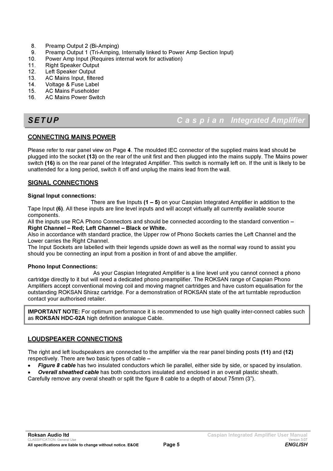 Roksan Audio M series -1 user manual T U P, Connecting Mains Power, Signal Connections, Loudspeaker Connections 