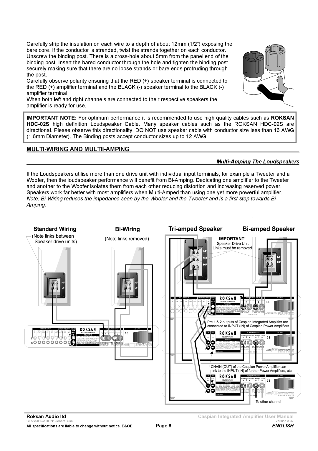 Roksan Audio M series -1 user manual MULTI-WIRING and MULTII-AMPING, Multi-Amping The Loudspeakers 