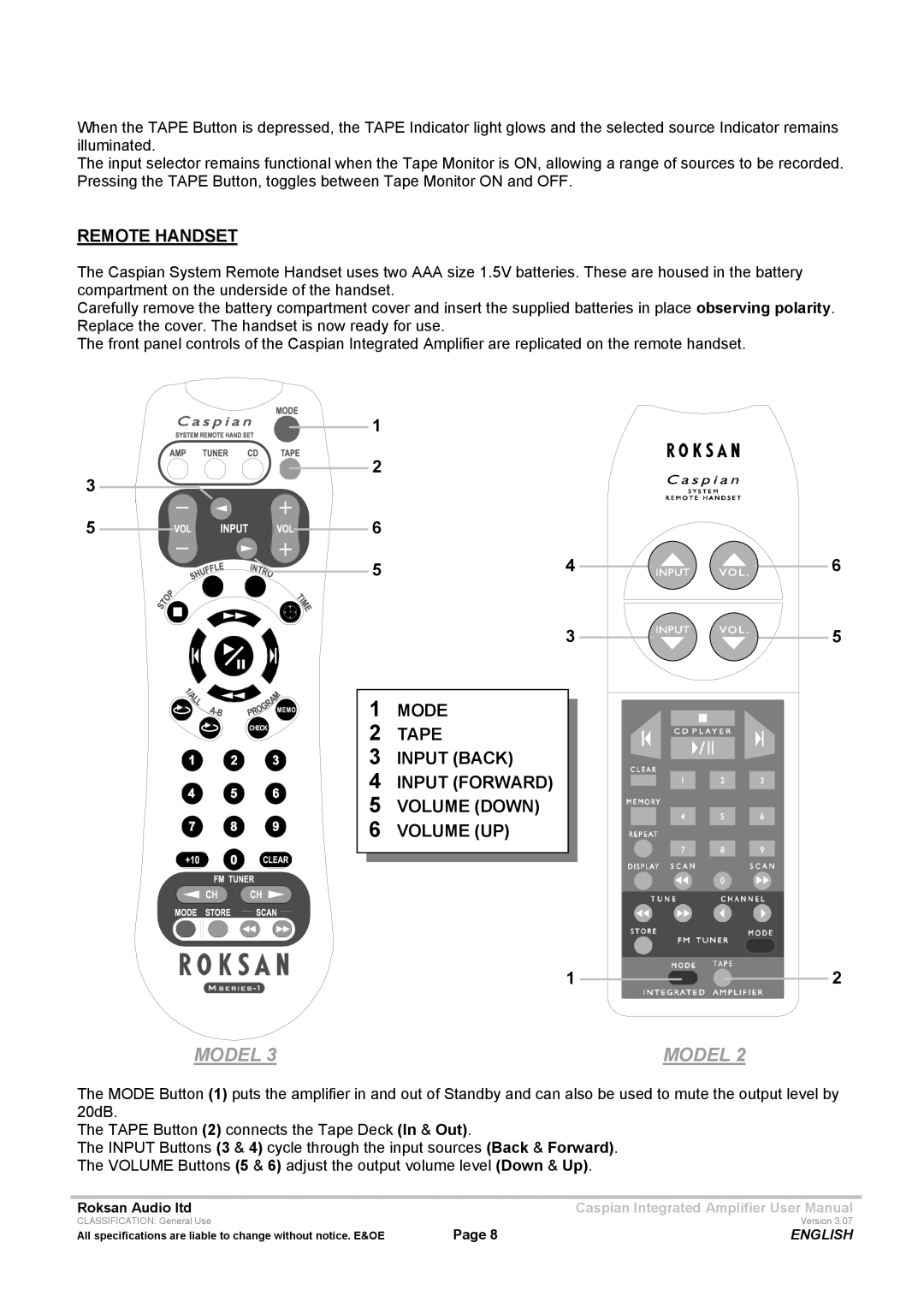 Roksan Audio M series -1 user manual Remote Handset, Mode Tape Input Back Input Forward Volume Down Volume UP 