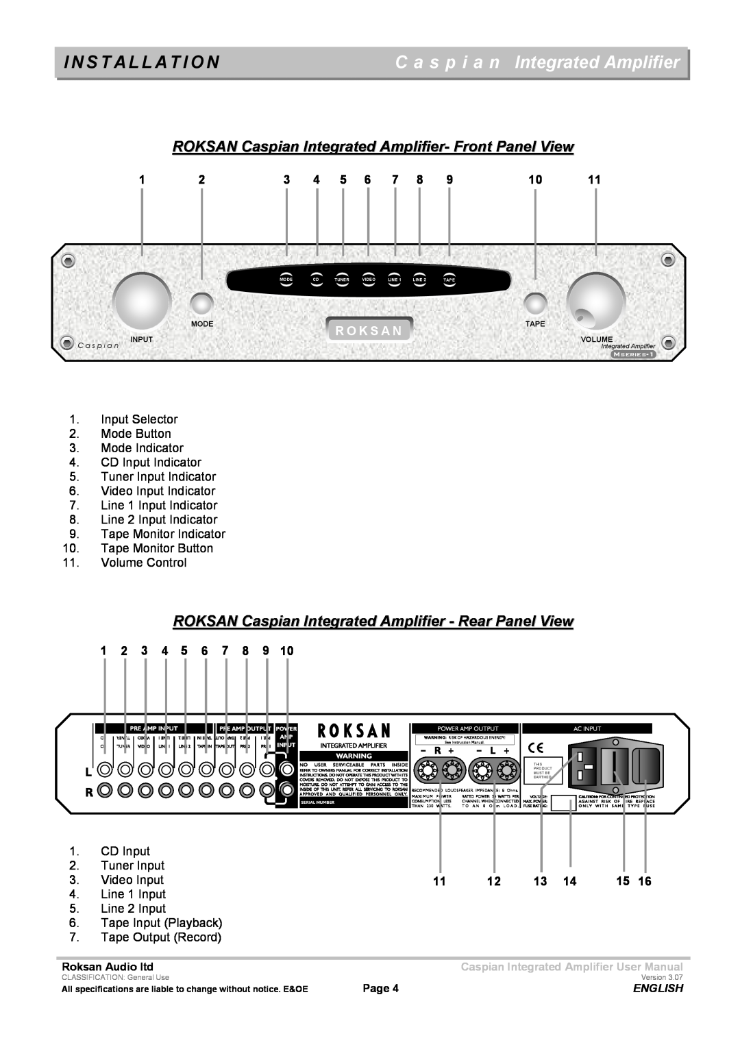 Roksan Audio M series -1 user manual I N S T A L L A T I O N, C a s p i a n Integrated Amplifier 