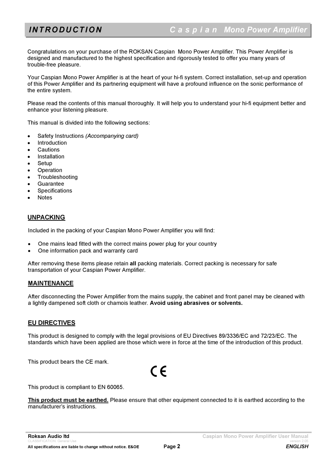 Roksan Audio M series 1 user manual T R O D U C T I O N, Unpacking, Maintenance, EU Directives 