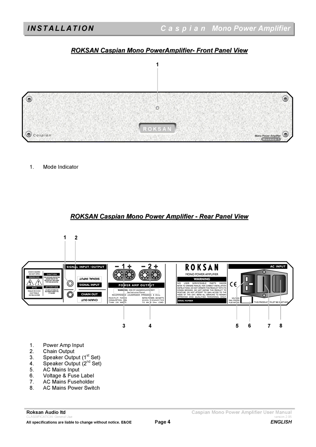 Roksan Audio M series 1 user manual Installation, Roksan Caspian Mono Power Amplifier Rear Panel View 